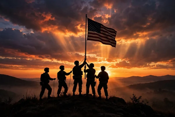 US soldiers raising American flag on hilltop at sunset tribute