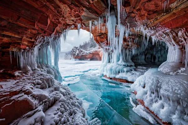 Apostle Islands ice caves on Lake Superior in winter, USA hidden gem