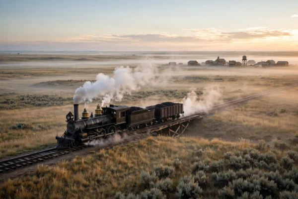 Vintage steam locomotive crossing American prairie at dawn