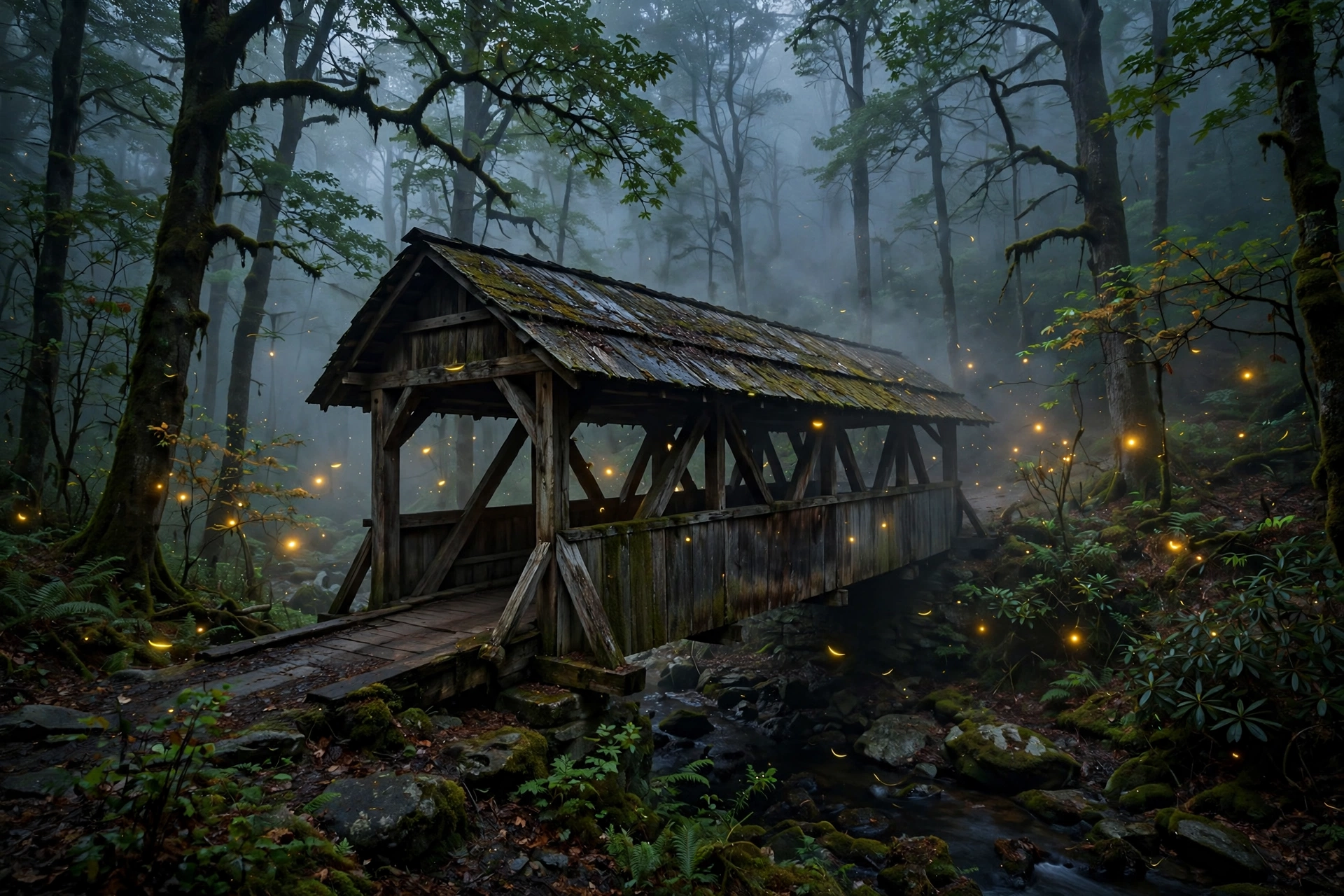 Misty Appalachian forest with covered bridge at dusk