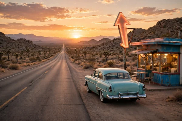 Classic American road trip highway with retro diner at sunset