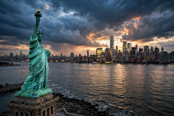 New York City skyline at dusk with Statue of Liberty