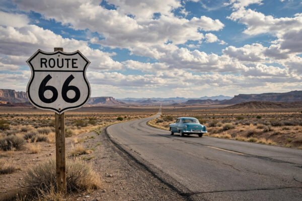 Route 66 road trip: classic highway sign along a desert road in the American Southwest