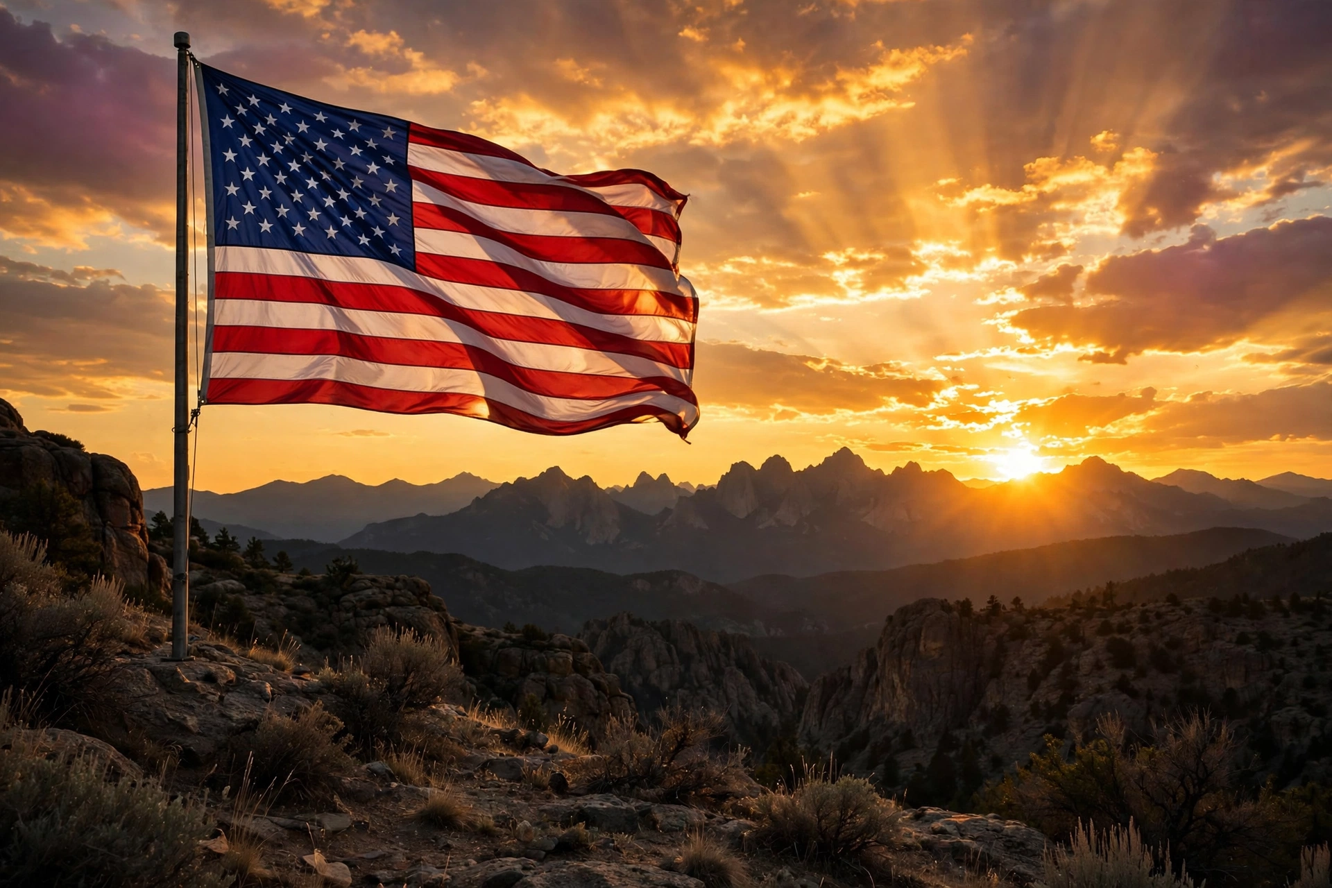 American flag waving at sunset with mountain landscape