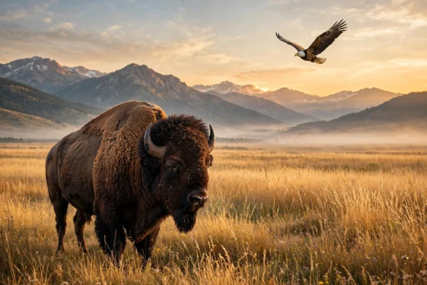 American bison in prairie at sunrise with bald eagle soaring
